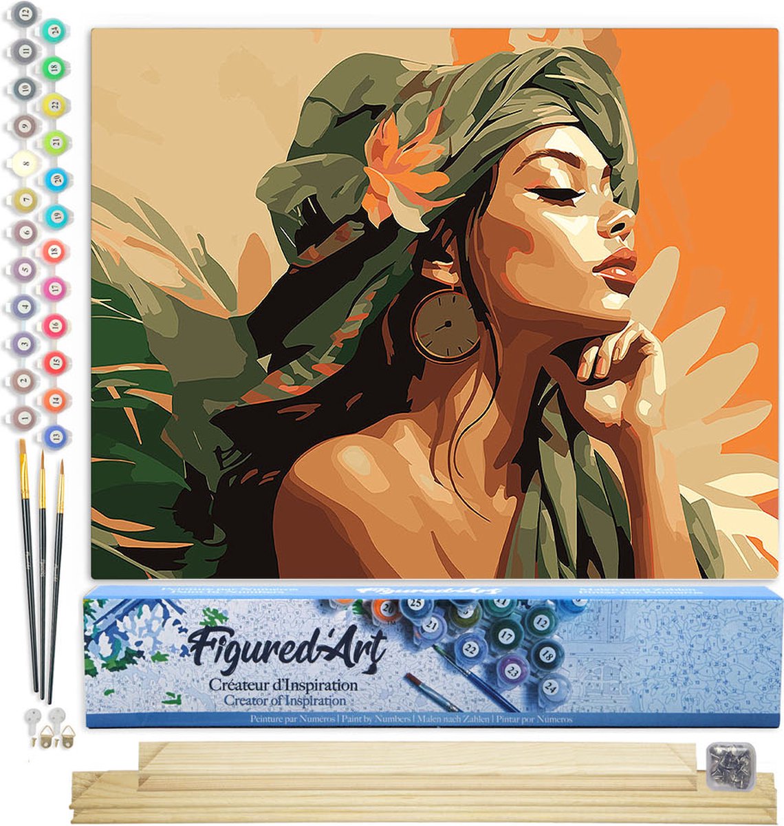 FiguredArt Schilderen op Nummer Volwassenen canvas Vrouw in Afrikaanse Tulband - Handwerk acrylverf Kit DIY Compleet - 40x50cm met DIY houten lijst